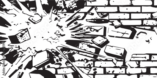Explosion shattering a brick wall with debris flying outwards.