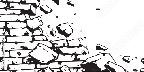 Collapsing brick wall with falling debris and fragments.