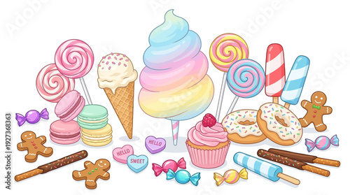 Vibrant Collection of Candies, Desserts & Sweet Treats: Cotton Candy, Lollipops, Macarons, Donuts, Ice Cream & Gingerbread Cookies on White
