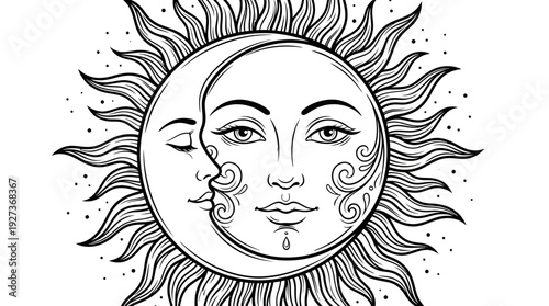 Celestial Sun and Moon Faces Line Art, Mystical Bohemian Vector Illustration