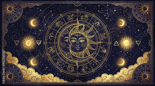 Mystic Astrology: Golden Sun & Moon Zodiac Wheel with Cosmic Symbols on Deep Blue Starry Sky