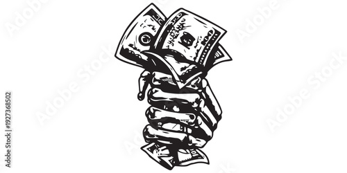 Hand clutching a wad of US dollar bills in a black and white sketch style.