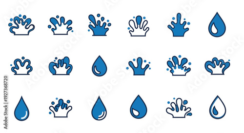 Set of blue water splashes and droplets icons on white background