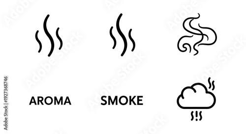 Set of icons representing aroma, smoke, and scent with wavy lines and cloud shapes.