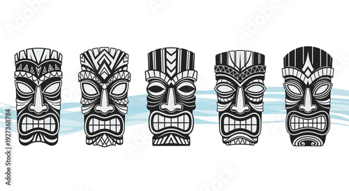 Row of Five Traditional Tiki Masks with Tribal Patterns on Blue Water Background