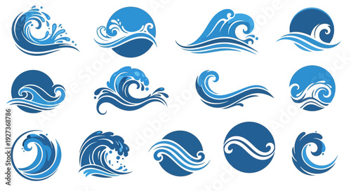 Set of Blue Wave Icons and Symbols, Ocean Water Splash and Swirl Designs