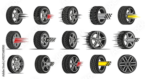 Set of Car Wheels and Tires with Speed Lines and Racing Flags, Motion Effect