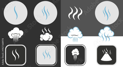 Set of steam, smoke, and vapor icons: circles, clouds, squares, volcano