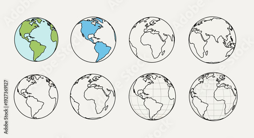 Set of Earth Globes: Continents, Oceans, and Outline Views
