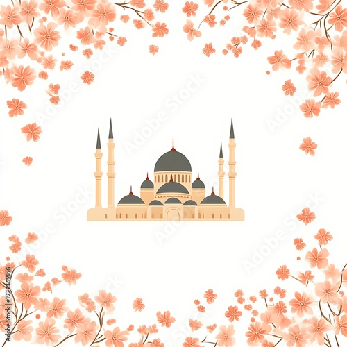 Peach blossom frame surrounds a beige mosque illustration
