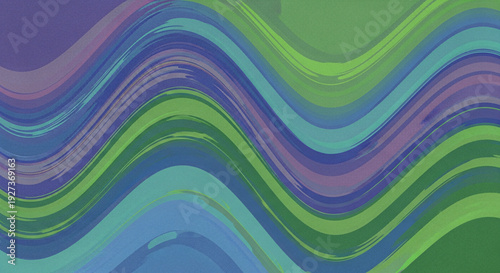 Vibrant wavy lines in shades of green, blue, and purple create a dynamic abstract pattern