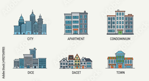 Set of Diverse Building Types: City, Apartment, Condominium, Office, House, Town
