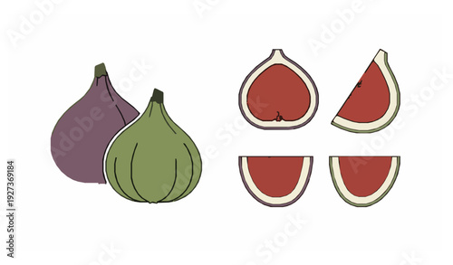 Minimalist Fig Fruit Icon Set Whole and Cut