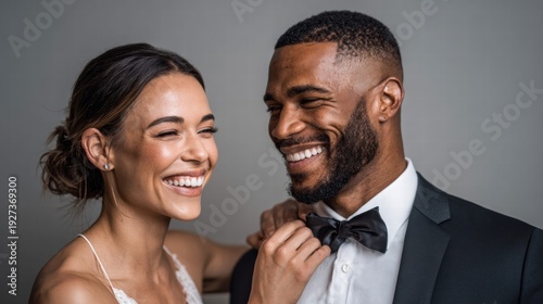 A beautiful couple shares a sweet, intimate moment with joyful smiles and a loving connection.