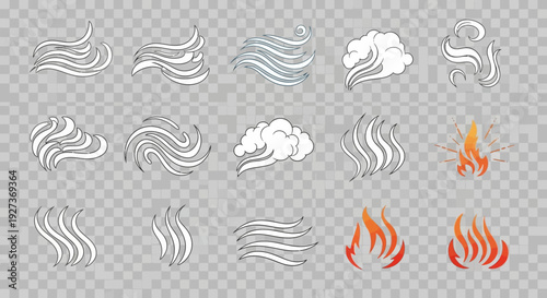 Set of stylized smoke, steam, and fire elements on a transparent background