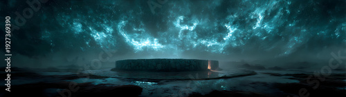 A blue sky with a large, round structure in the middle