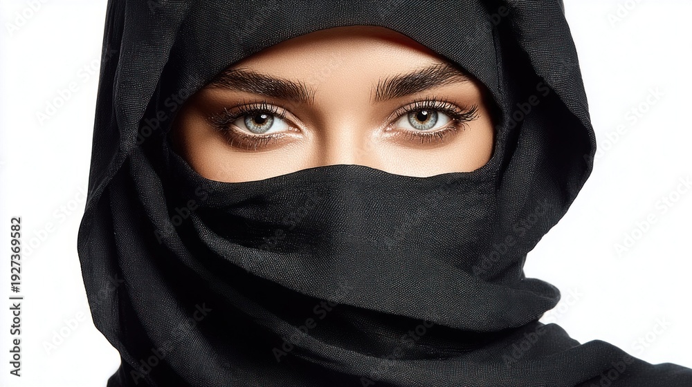 Naklejka premium Close-up portrait of a woman wearing a black hijab, focusing on her expressive eyes