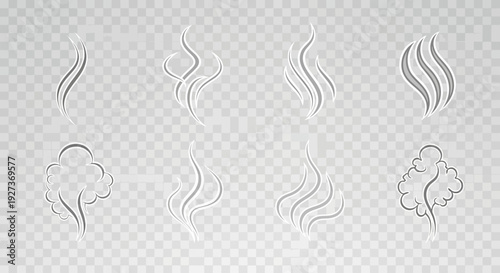 Set of Realistic Steam, Smoke, and Vapor Swirls Isolated on Transparent Background