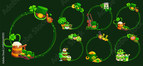 Happy St Patrick's day kids holiday festive frames. Round cartoon frames with leprechaun, beer mug, shamrock, fiddle, horseshoe, pot of gold. Vibrant vector Patrick's frames for party decorations