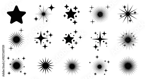 Sparkle Starburst Icons Set, Black Glittering Star Emblems, Shining Light Effects