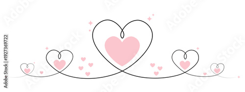 Valentine day heart border with pink and black line art illustration. sparkling stars on white background, elegant flourish for wedding invitations or feminine greeting cards. heart line art.