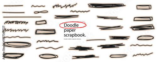 Doodle paper scrapbook collection with black scribble line elements. Hand drawn marker strokes and highlighter boxes on transparent grid. digital scrapbook layout element.
