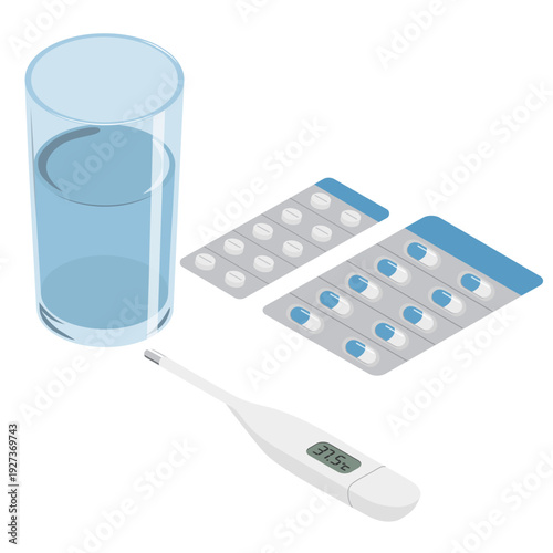薬・体温計・水・アイソメトリック