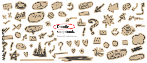 Doodle paper scrapbook collection. Variety of hand drawn doodle elements, arrows, hearts, and shapes on paper stickers, scrapbook pages. digital scrapbook layout element.