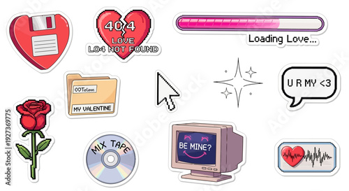 Retro Digital Love & Tech Stickers: Broken Heart, Floppy Disk, Rose, Mix Tape