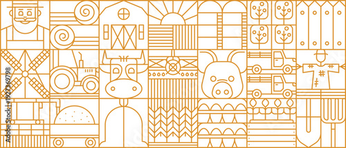 Agriculture farm geometric pattern with barn, silos, fields and truck, farm animals and scarecrow. Vector line grid background farmer, cow, pig, tractor, crops, windmill, trees, trucks, eggs and tools