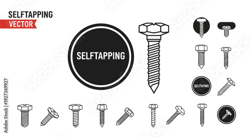 Self-Tapping Screw Collection: Hex Head, Round Head, and Circular Icons