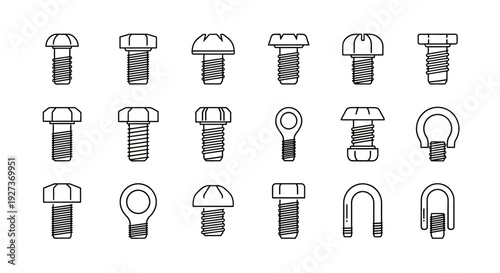 Set of Various Bolts, Screws, and Fasteners Icons - Line Art Collection