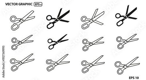 Set of Scissors Icons: Various Styles and Angles, Vector Graphic, Black and White