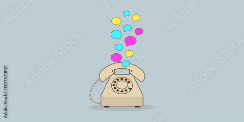 Rotary telephone illustration. Classic beige rotary phone with simple geometric form and neon holographic message bubbles emerging from the receiver. Flat retro futurism vector graphic.