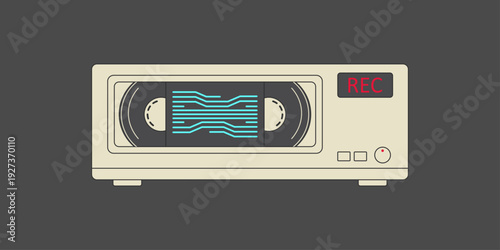 VHS tape player illustration. Retro VHS cassette inside simple player with tape window transforming into modern interface shape. Outline REC symbol in the corner.