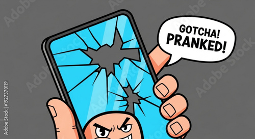 Angry cartoon character pranks someone with broken smartphone screen and speech bubble on grey background