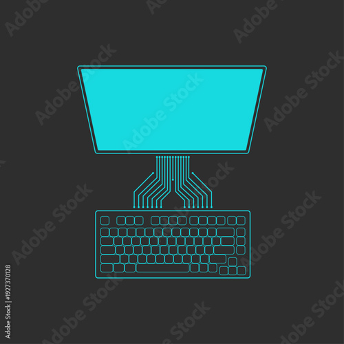 Modern keyboard circuit illustration. Top-down keyboard with keys replaced by glowing neon cyan circuit paths leading toward bright modern screen. Flat high contrast vector graphic.