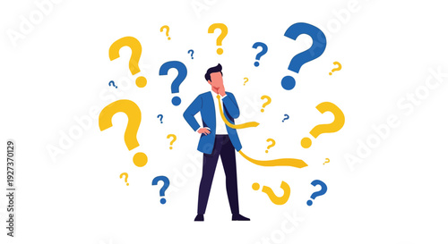 Thoughtful businessman surrounded by question marks