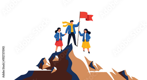 Business team celebrating success on mountain peak