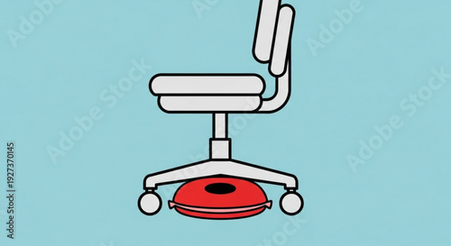 Modern ergonomic office chair with red swivel base on wheels against teal background