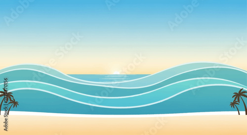 Serene Beach Sunrise with Gentle Waves and Palm Trees