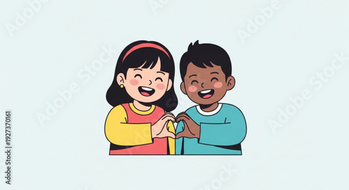 Two happy children holding hands smiling and looking forward diverse kids with colorful clothes