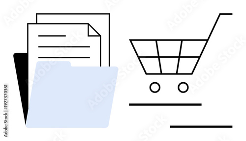 File folder with inserted papers beside shopping cart representing business transactions, data storage, and online shopping. Ideal for e-commerce, digital workflow, data management, organization