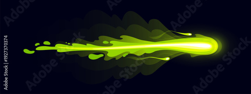 Cartoon green glowing game gun effect or magic power wave, wizard glow vfx light. Sorcerer magical attack, fantasy spell energy. Vector abstract smoke flow with neon sparkle, blast trail and glow