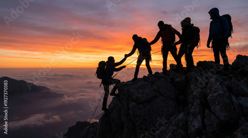 A group of mountaineers silhouetted against a dramatic sunset sky helping each other climb a rugged peak symbolizing teamwork and overcoming challenges