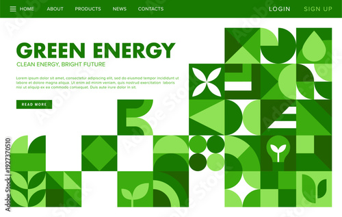 Green energy landing page with modern geometric pattern of leaves, sprouts and eco shapes. Eco friendly energy and clean technology, renewable energy, sustainable and energy conservation