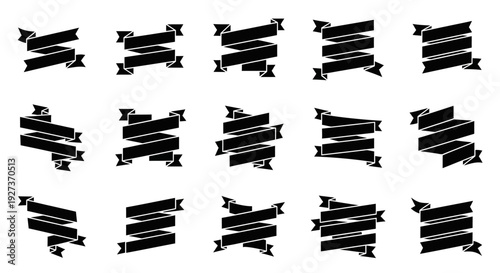 Set of 15 Black Ribbon Banners, Decorative Labels, and Emblems for Design