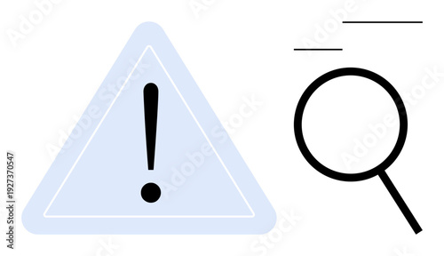 Warning triangle with exclamation mark beside a moving magnifying glass symbolizing caution, search, analysis, and investigation. Ideal for alert, inspection, security, problem-solving, risk
