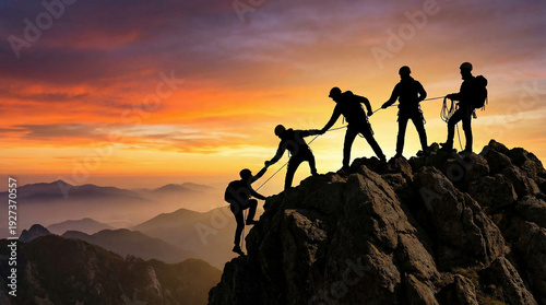 Silhouette of a climbing team helping each other ascend a rocky mountain peak at sunset symbolizing teamwork leadership and overcoming challenges
