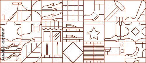 Shoes making pattern with shoes, boots and hammer, shop facade, sewing machine, heels, soles, star and geometric shapes. Vector line art grid background with footwear production and storefront icons